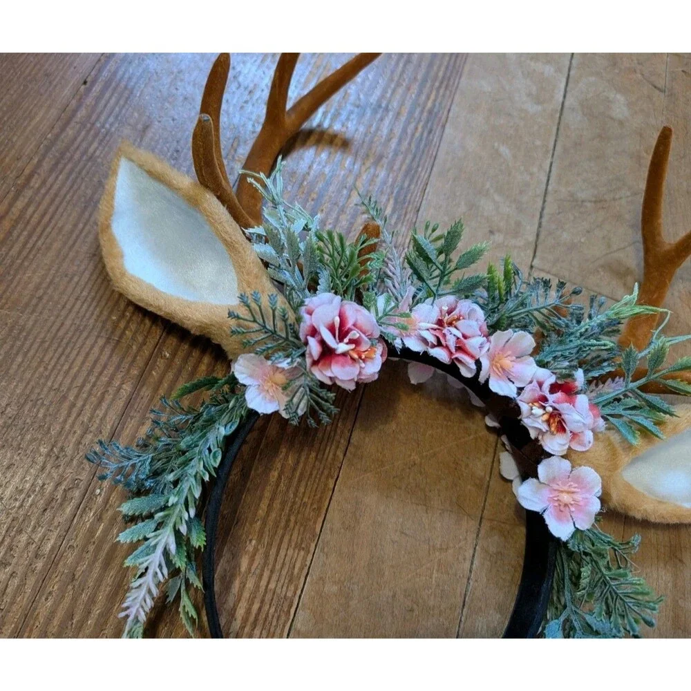 Antler Headband Adjustable Deer Reindeer Horns Crown with Ears Fairy Costume